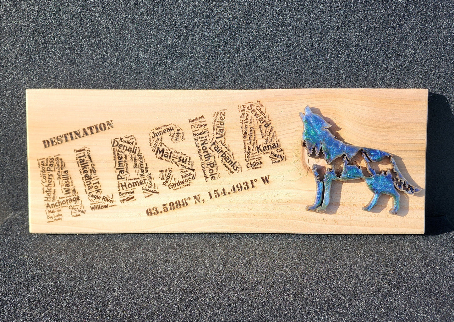 Alaskan Towns Word Cloud Wood Sign with Epoxy Wolf