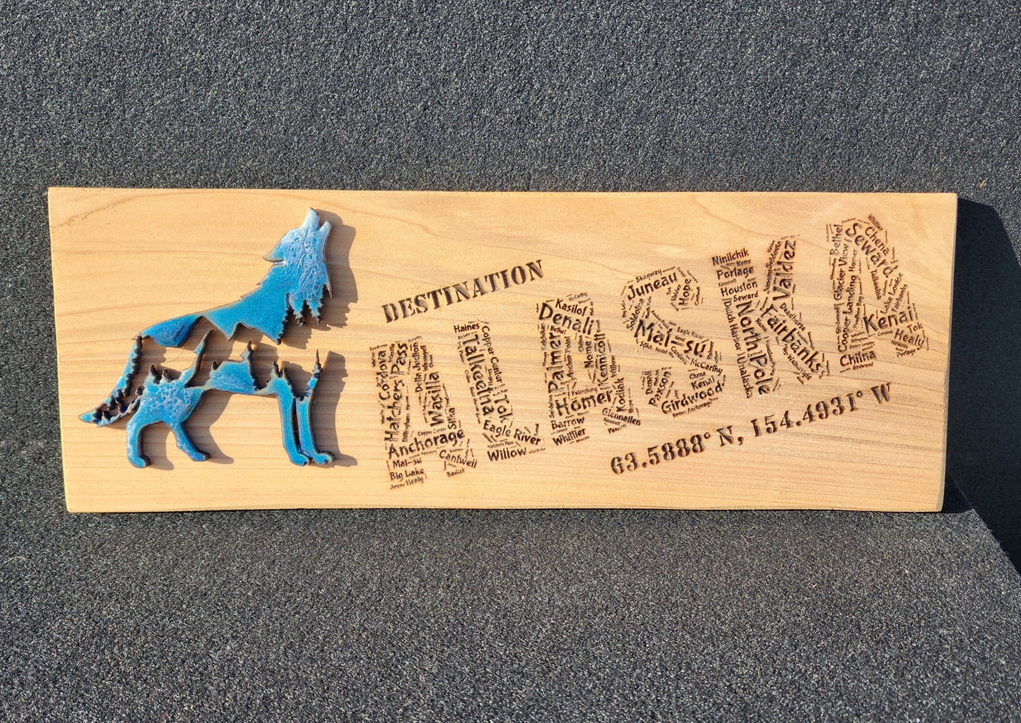 Alaskan Towns Word Cloud Wood Sign with Epoxy Wolf