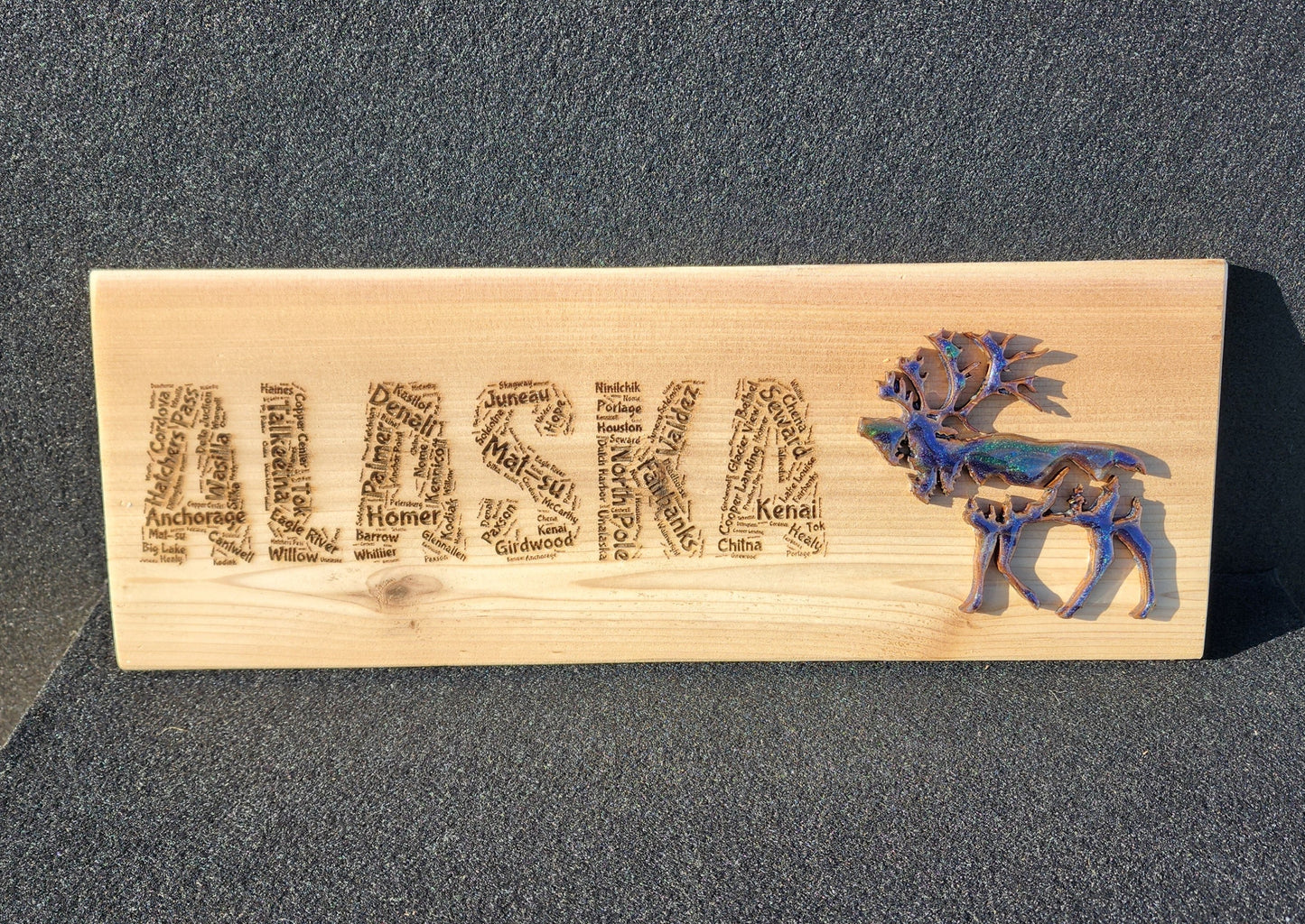 Alaskan Towns Word Cloud Wood Sign with Epoxy Caribou