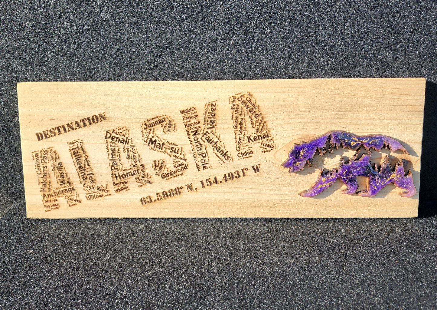 Alaskan Towns Word Cloud Wood Sign with Epoxy Bear