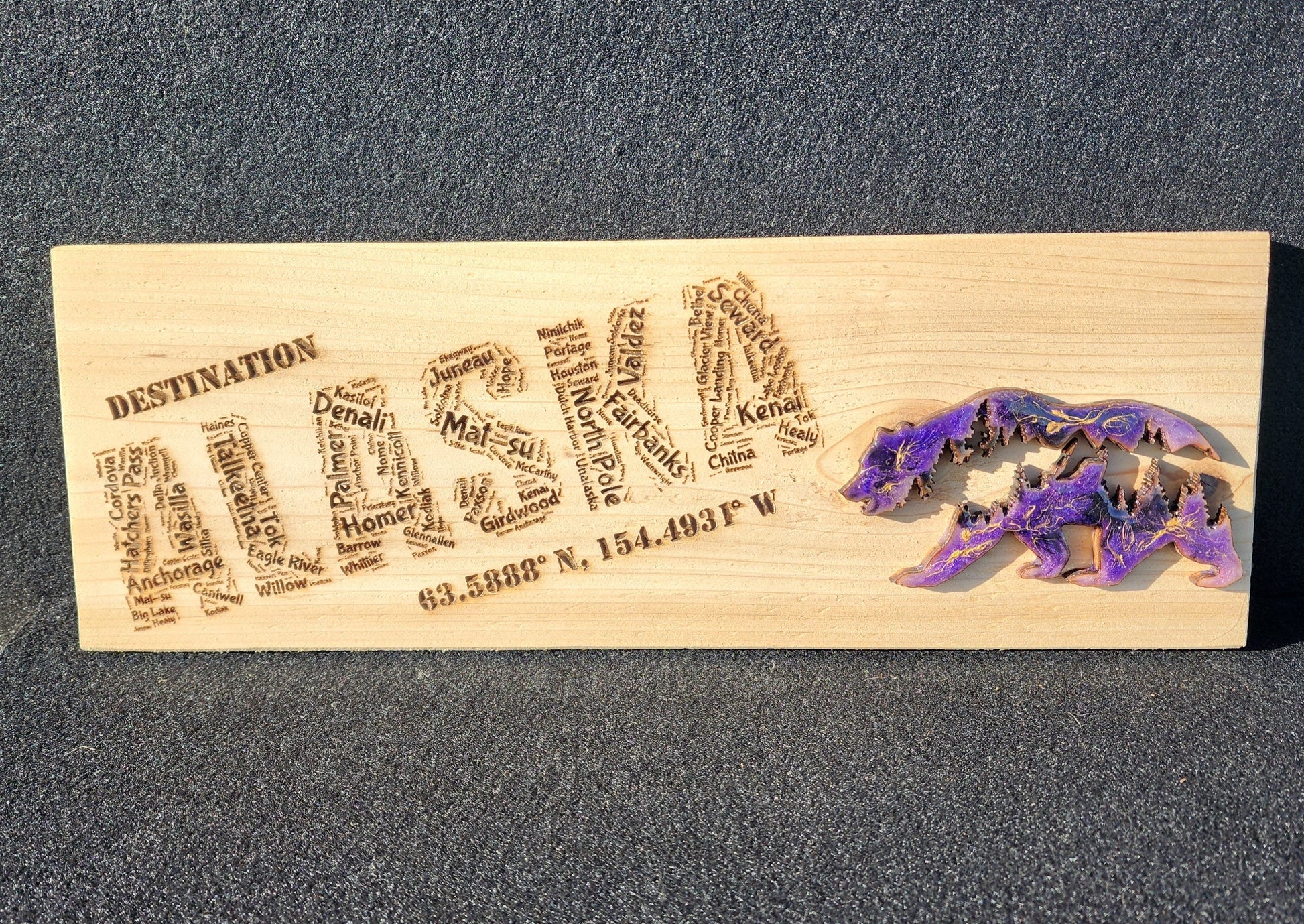 Alaskan Towns Word Cloud Wood Sign with Epoxy Bear