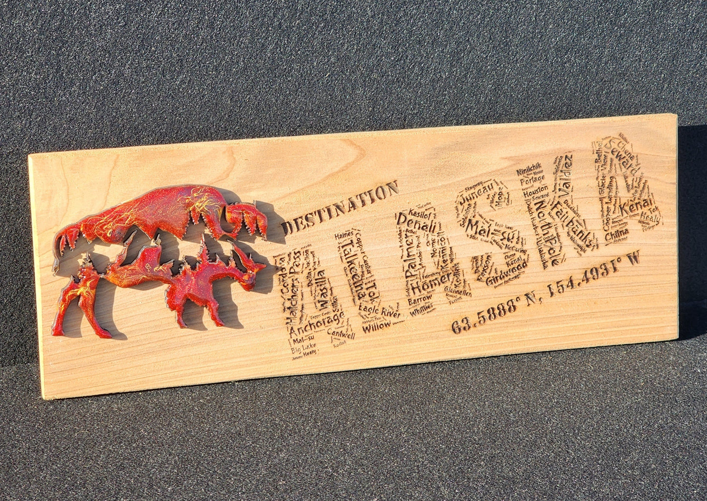 Alaskan Towns Word Cloud Wood Sign with Epoxy Bison