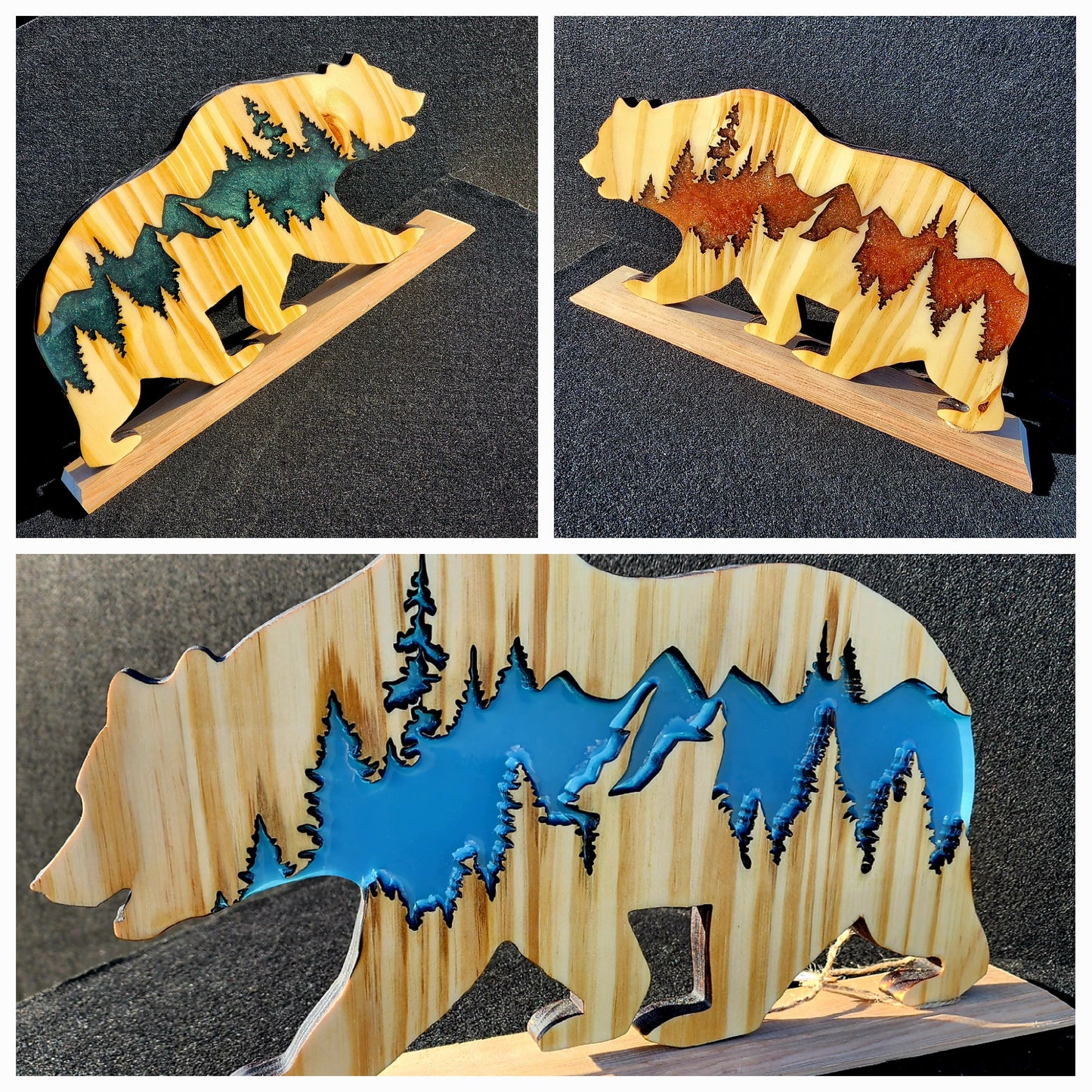 Wood bear silhouette with transparent epoxy mountains