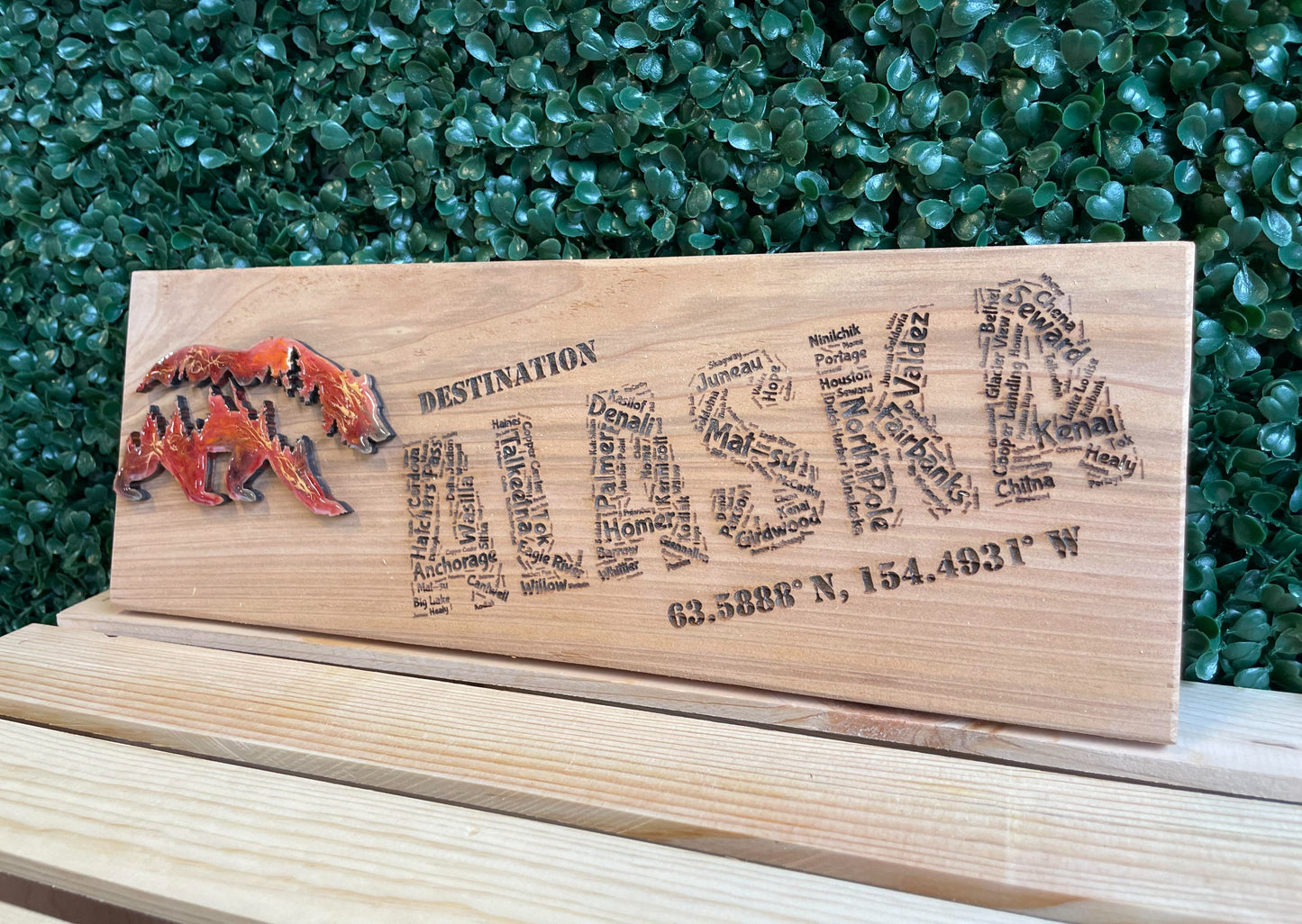 Alaskan Towns Word Cloud Wood Sign with Epoxy Bear