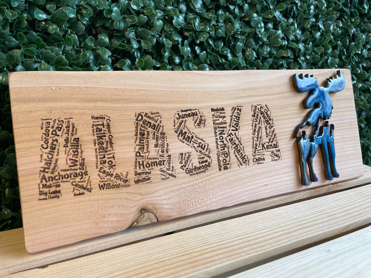 Alaskan Towns Word Cloud Wood Sign with Epoxy Moose